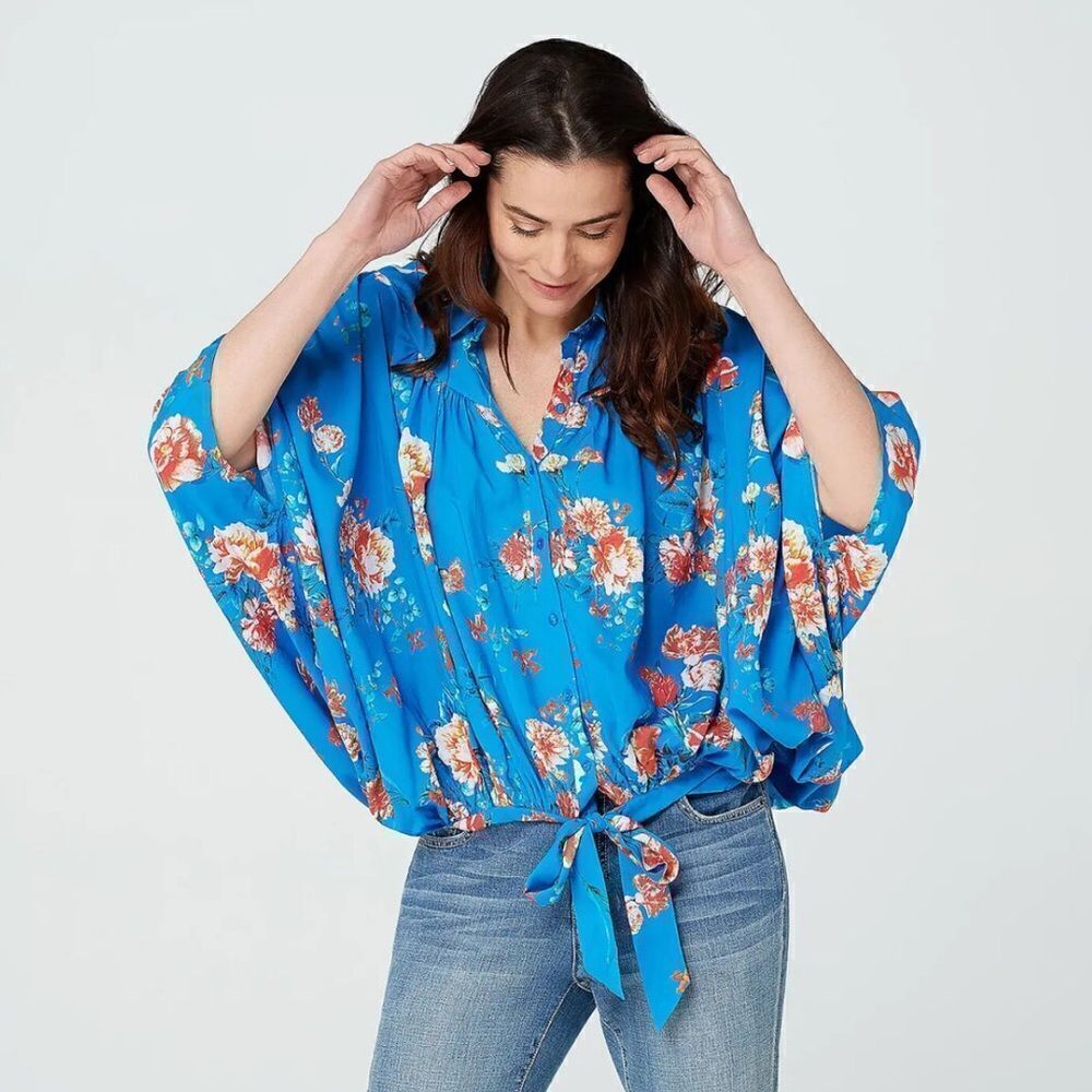 Tolani Blue Floral Dolman Blouse Size Small